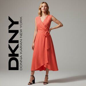 NWT DKNY Orange Sleeveless Midi Faux Wrap Dress Surplice V-Neck Summer Event 10